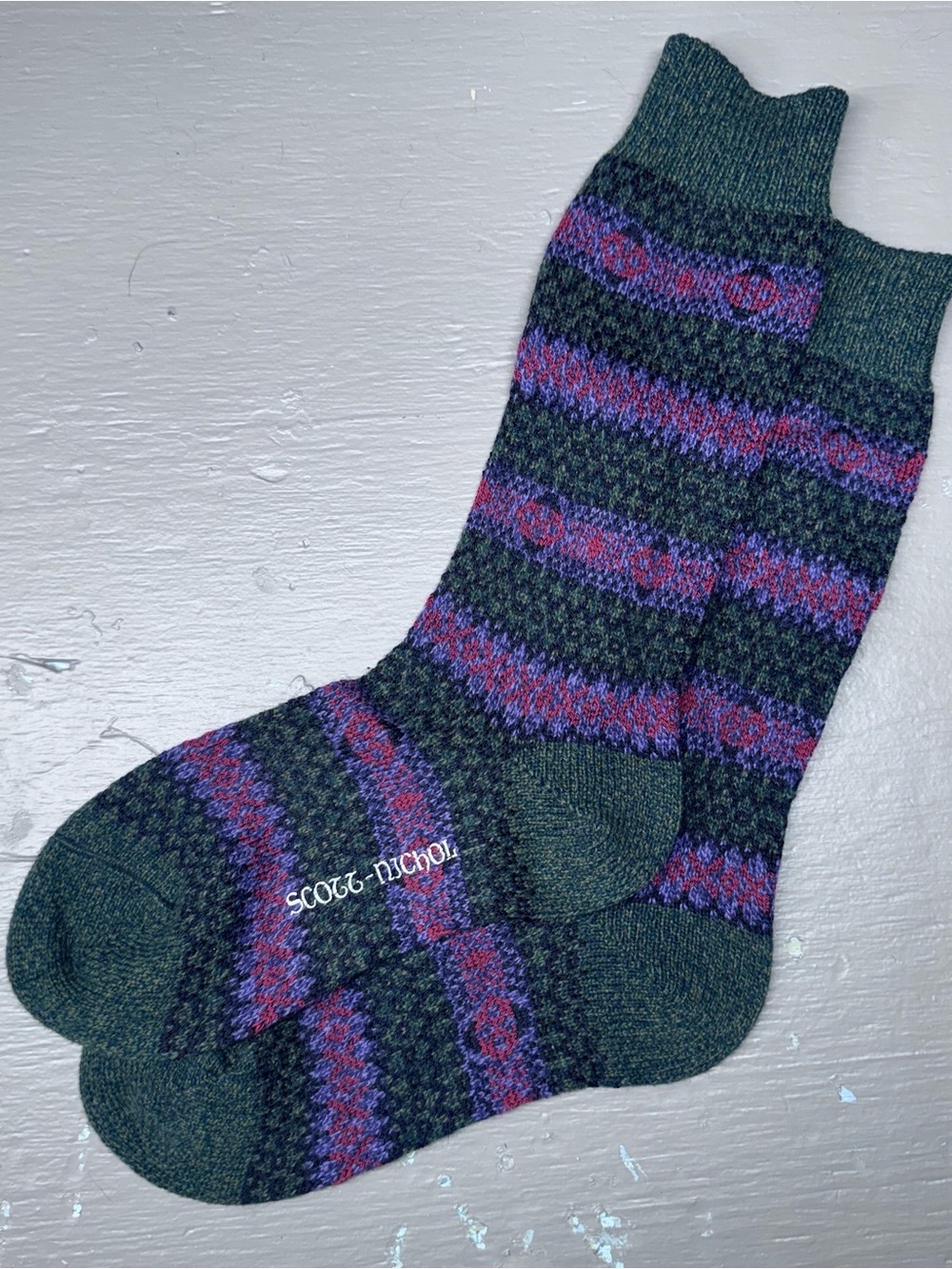 Dark Green Fair Isle Wool Crew Socks